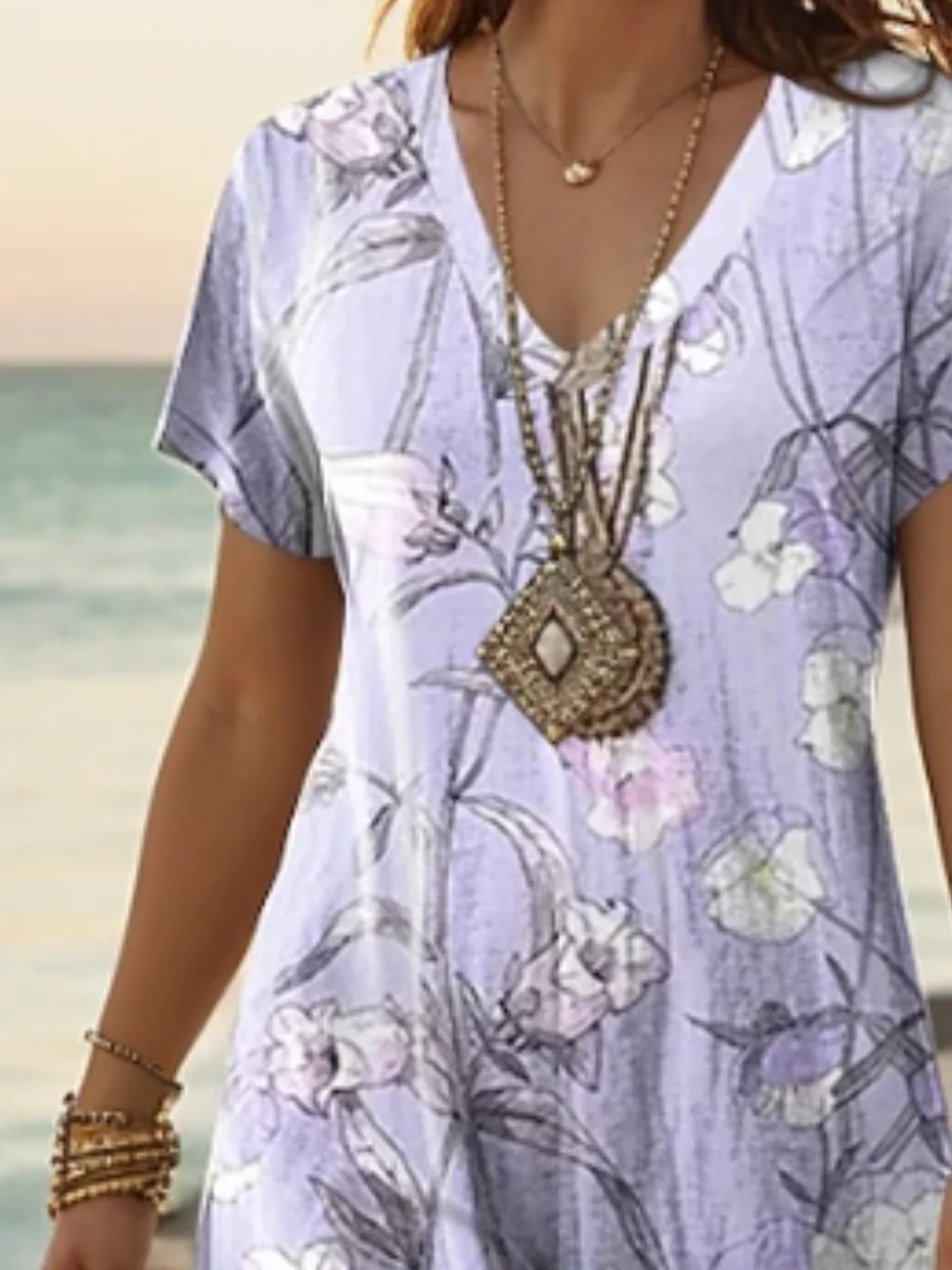 Femmes Floral Comme Image Col V Confortable Robe Maxi Décontracté