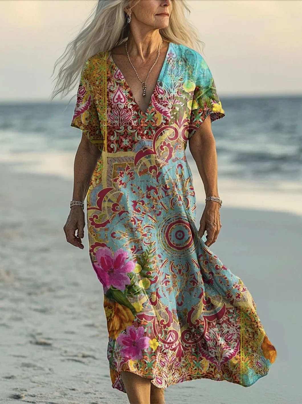 Femmes Floral Bleu Aqua Col V Confortable Robe Maxi Rétro