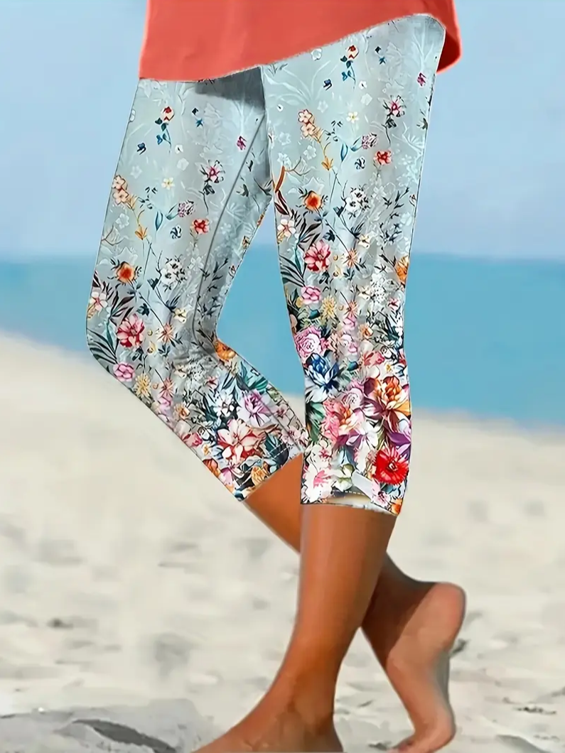 Pantalons Décontracté Floral Été Imprimé Aucune élasticité Coupe Régulière Taille Élastique Corsaire Legging pour Femmes