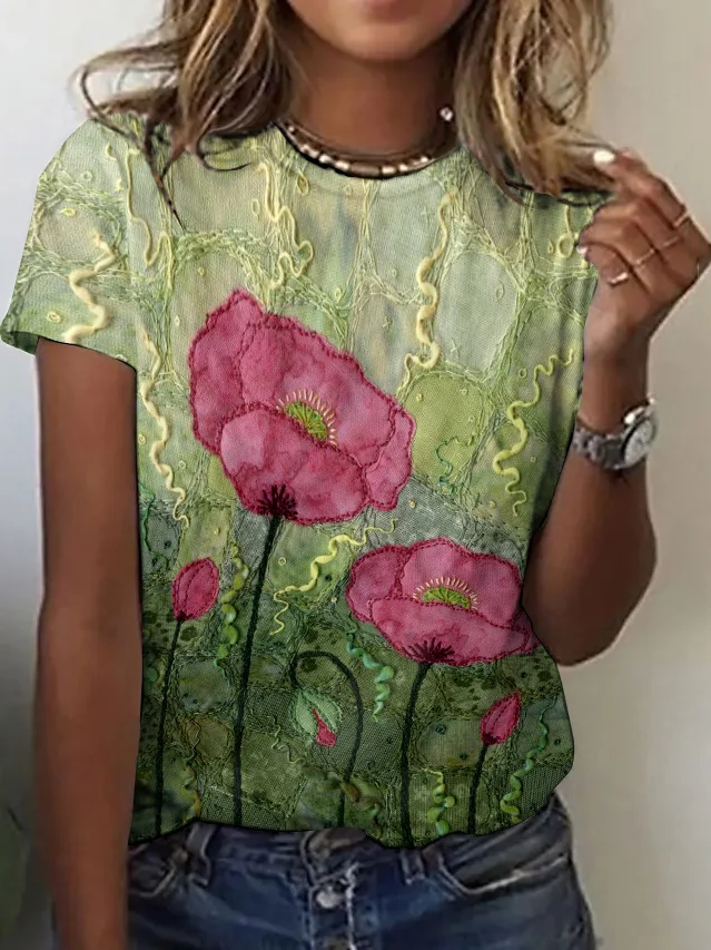 T-shirts Décontracté Floral Été Coton Micro-élasticité Quotidien Coupe Régulière Trapèze Régulier pour Femmes