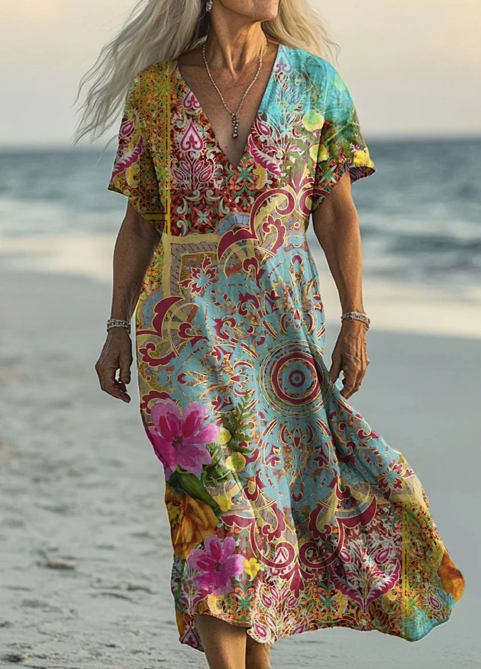 Femmes Floral Bleu Aqua Col V Confortable Robe Maxi Rétro