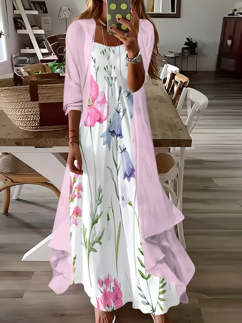 Deux Pièces Ensembles Décontracté Floral Printemps / Automne Naturel Coupe Régulière Jersey Manches trois quarts Trapèze Régulier pour Femmes