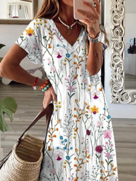 Femmes Floral Blanc Col V Confortable Imprimé Robe Maxi Décontracté