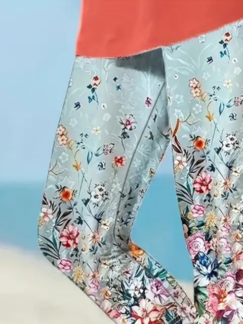 Pantalons Décontracté Floral Été Imprimé Aucune élasticité Coupe Régulière Taille Élastique Corsaire Legging pour Femmes
