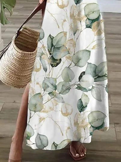 Femmes Floral Blanc Col V Confortable Imprimé Robe Maxi Décontracté