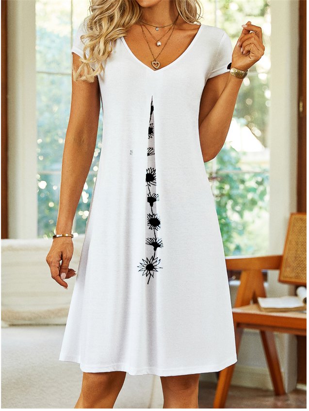 Femmes Floral Blanc Col V Confortable Imprimé Robe de Longueur Au Genou Décontracté