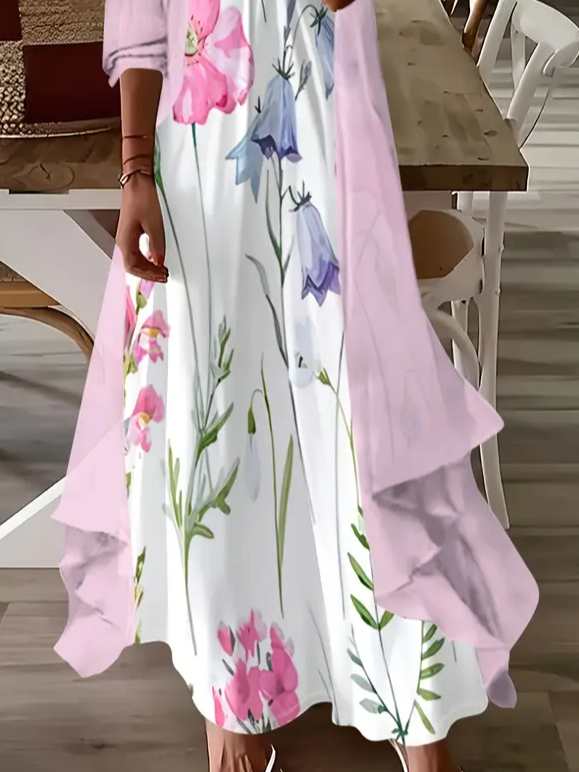 Deux Pièces Ensembles Décontracté Floral Printemps / Automne Naturel Coupe Régulière Jersey Manches trois quarts Trapèze Régulier pour Femmes