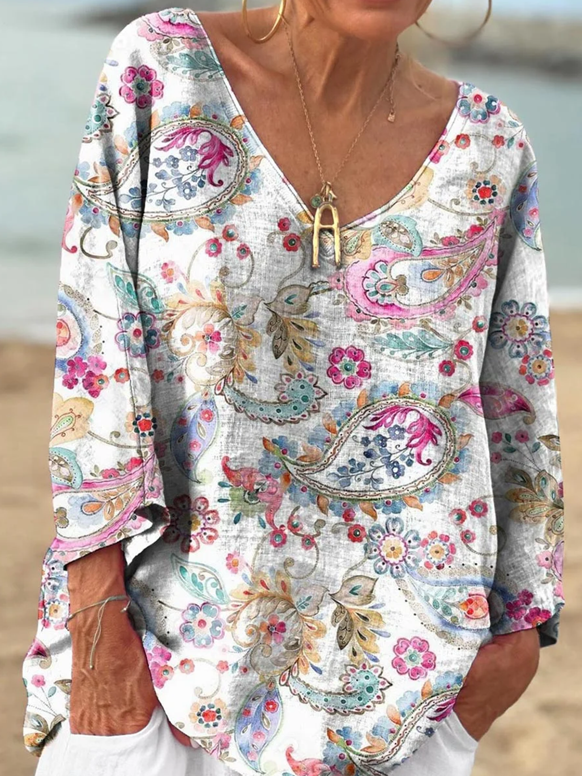 T-shirts Décontracté Motif Cachemire Printemps / Automne Polyester Micro-élasticité Coupe Régulière Manches Longues Régulier Trapèze pour Femmes