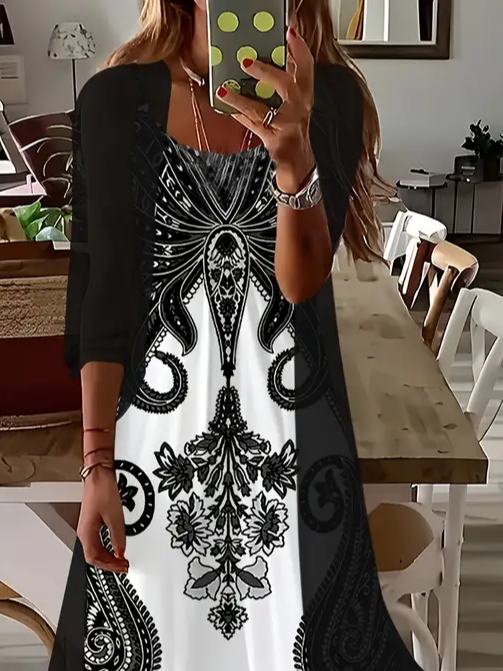 Deux Pièces Ensembles Décontracté Floral Printemps / Automne Micro-élasticité Quotidien Manches trois quarts Trapèze Régulier Robe avec Manteau pour Femmes