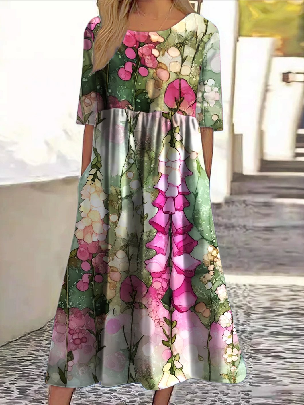 Femmes Floral Vert Col Rond Confortable Robe Maxi Décontracté