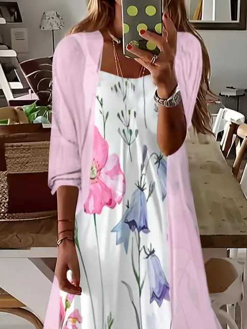 Deux Pièces Ensembles Décontracté Floral Printemps / Automne Naturel Coupe Régulière Jersey Manches trois quarts Trapèze Régulier pour Femmes