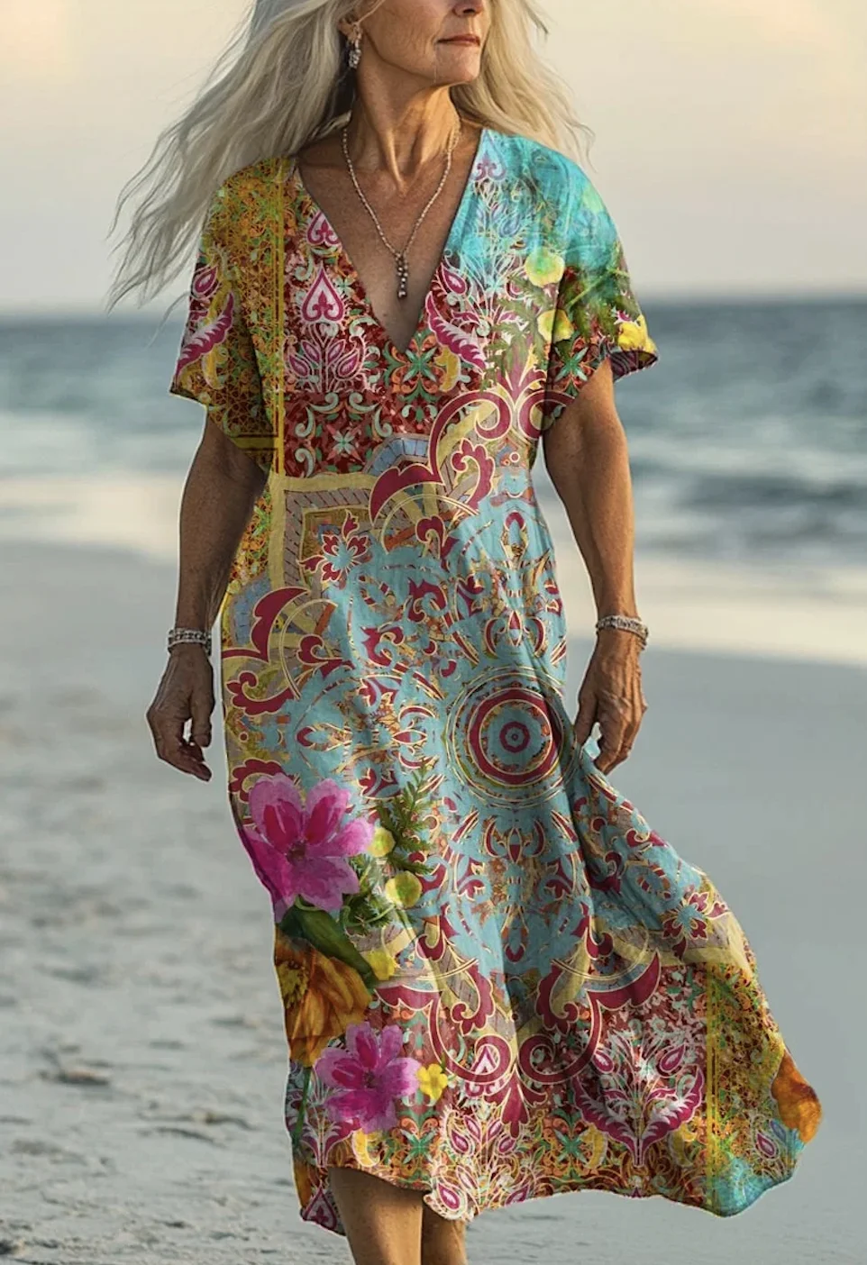 Femmes Floral Bleu Aqua Col V Confortable Robe Maxi Rétro