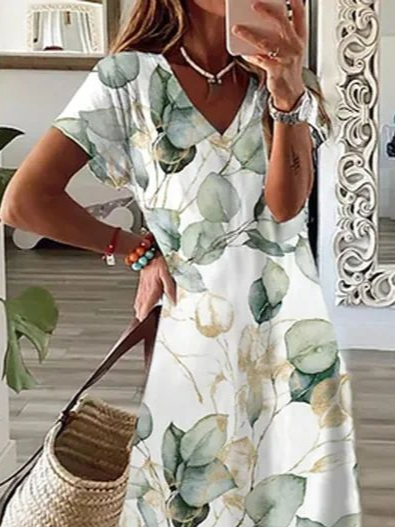 Femmes Floral Blanc Col V Confortable Imprimé Robe Maxi Décontracté
