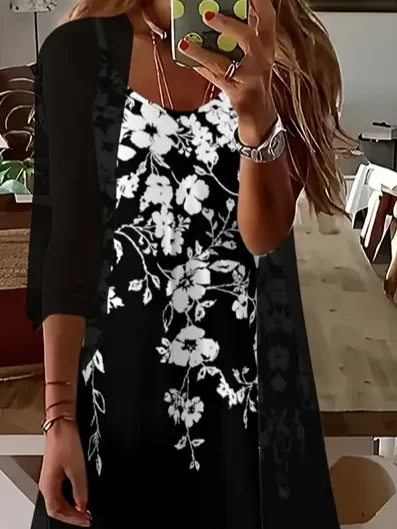Deux Pièces Ensembles Décontracté Floral Printemps / Automne Imprimé Naturel Micro-élasticité Quotidien Jersey Trapèze pour Femmes
