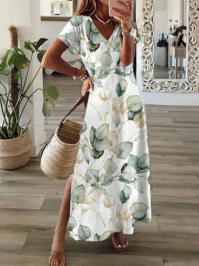Femmes Floral Blanc Col V Confortable Imprimé Robe Maxi Décontracté