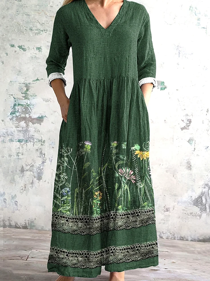 Femmes Floral Vert Col V Confortable Robe Maxi Décontracté