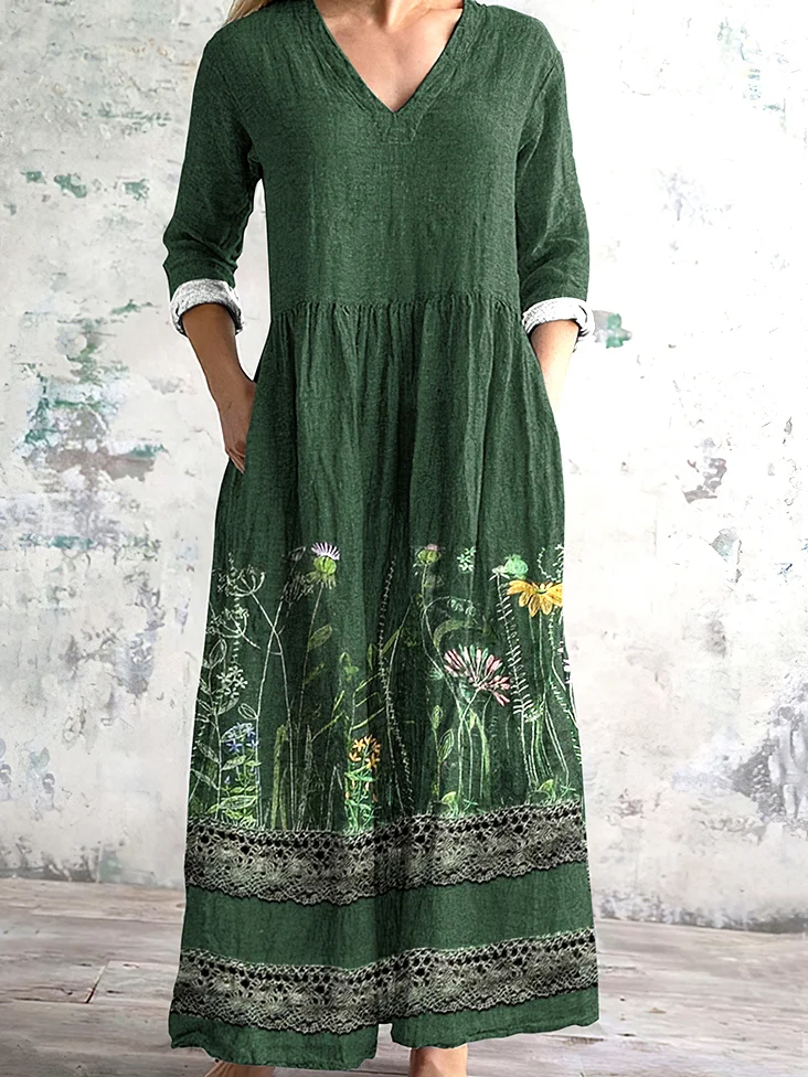 Femmes Floral Vert Col V Confortable Robe Maxi Décontracté