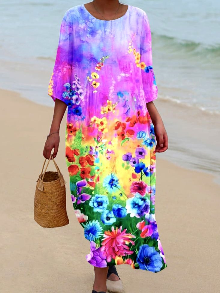 Femmes Géométrique Multicolore Col Rond Confortable Robe Maxi Décontracté
