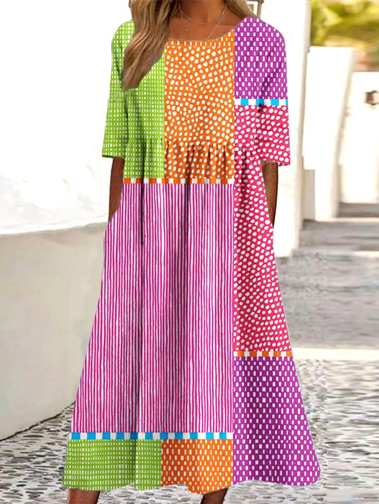 Femmes Rayé Rose Col Rond Confortable Robe Maxi Décontracté
