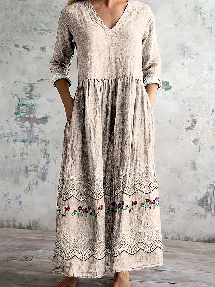 Femmes Floral Abricot Col V Confortable Robe Maxi Décontracté