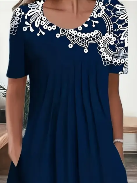Femmes Floral Bleu Violacé Col Rond Confortable Imprimé Robe Mi-Longue Décontracté