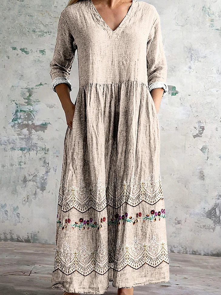 Femmes Floral Abricot Col V Confortable Robe Maxi Décontracté
