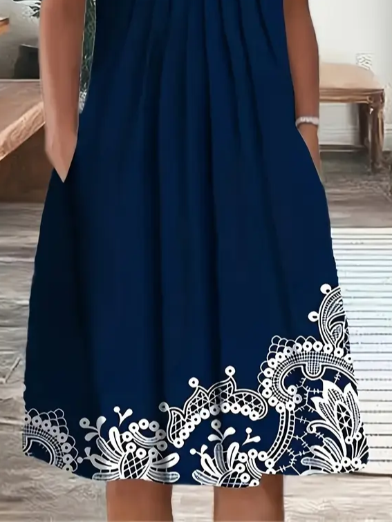 Femmes Floral Bleu Violacé Col Rond Confortable Imprimé Robe Mi-Longue Décontracté