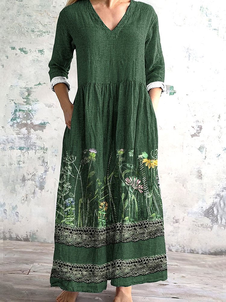 Femmes Floral Vert Col V Confortable Robe Maxi Décontracté