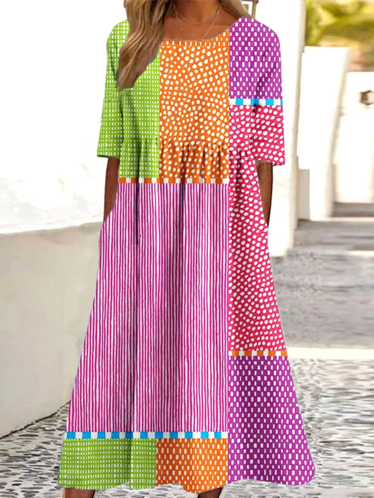 Femmes Rayé Rose Col Rond Confortable Robe Maxi Décontracté