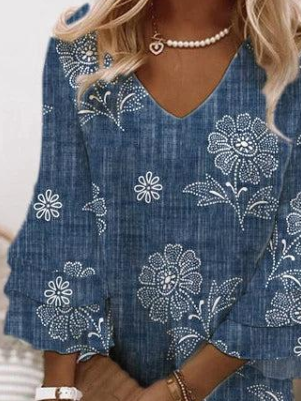 Femmes Floral Bleu Col V Confortable Robe Mi-Longue Boho