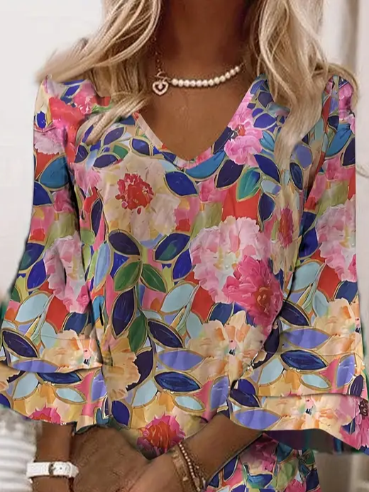 Femmes Floral Comme Image Col V Confortable Imprimé Robe Mi-Longue Décontracté