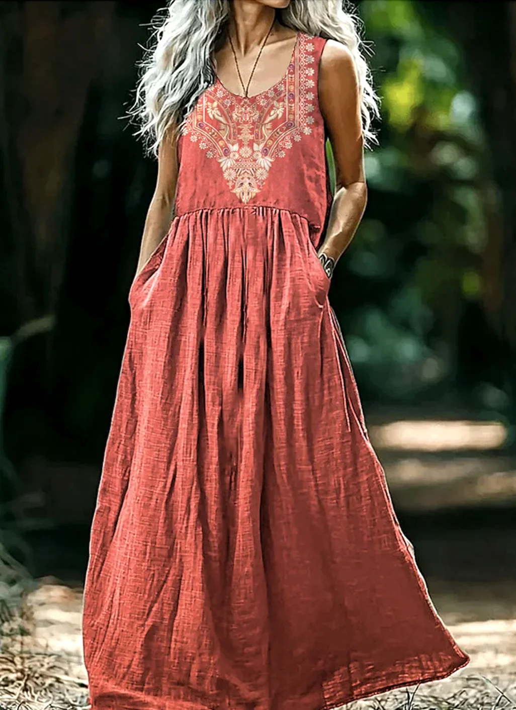 Femmes Floral Rouge Col V Confortable Robe Maxi Décontracté