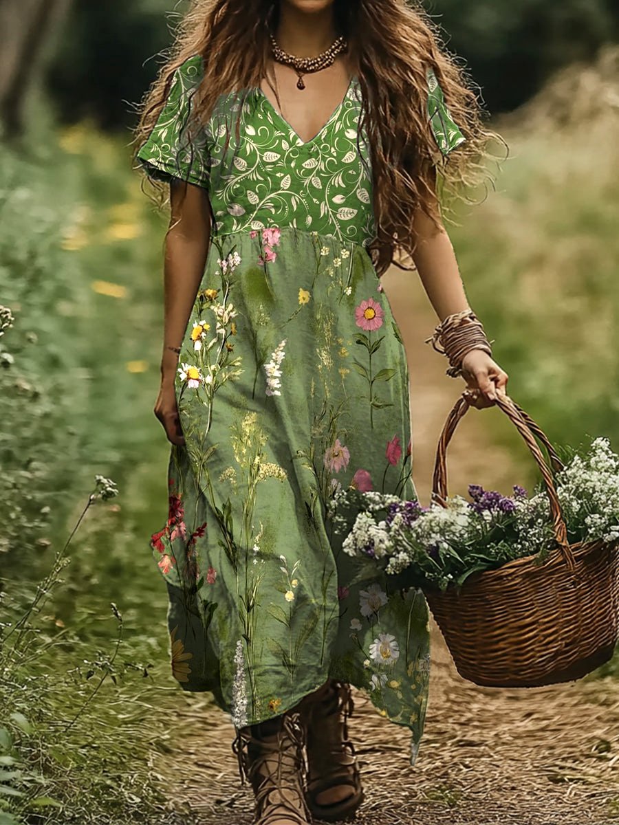 Femmes Floral Vert Col V Confortable Robe Maxi Décontracté