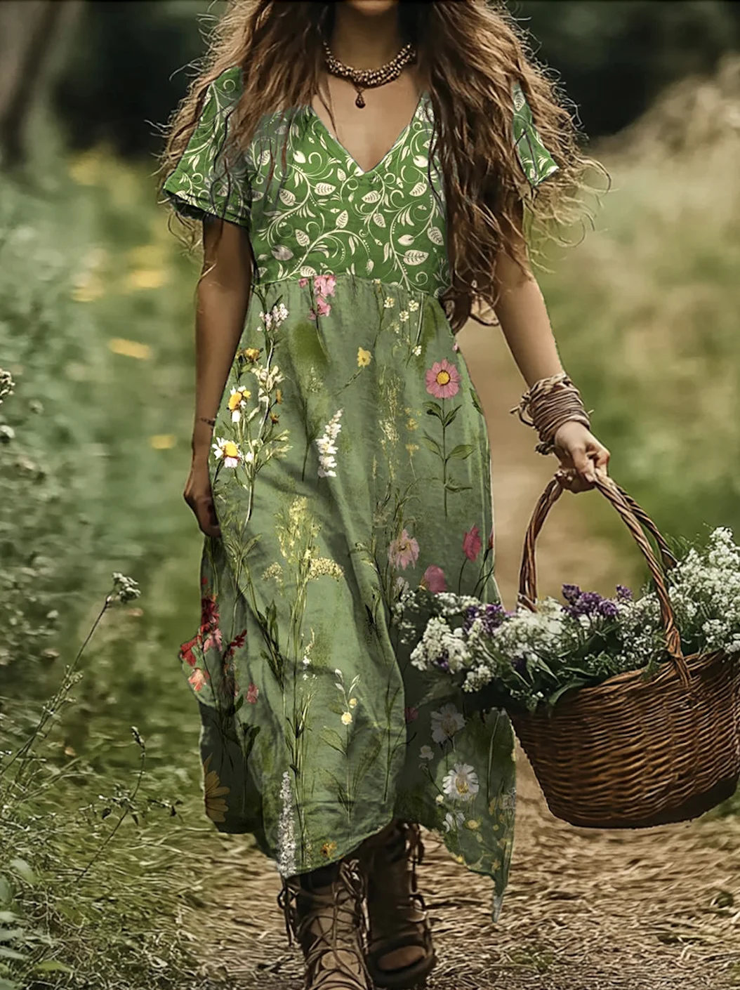 Femmes Floral Vert Col V Confortable Robe Maxi Décontracté