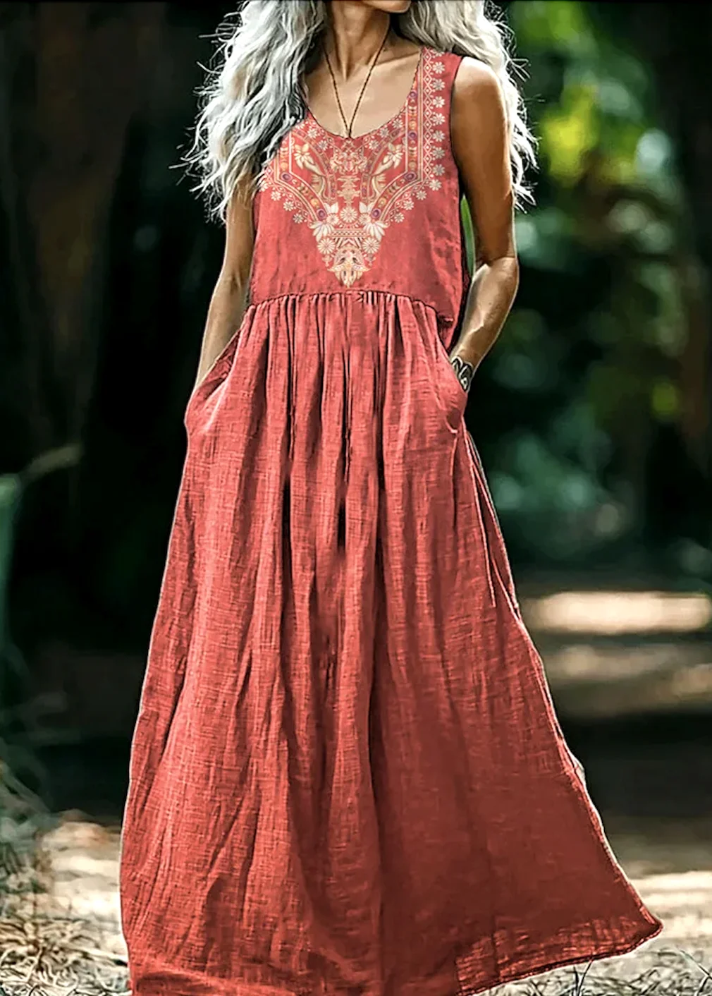 Femmes Floral Rouge Col V Confortable Robe Maxi Décontracté