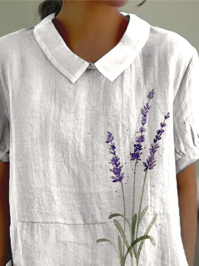 Blouses Simple Floral Été Coton Aucune élasticité Quotidien Demi Manche Régulier Droit pour Femmes