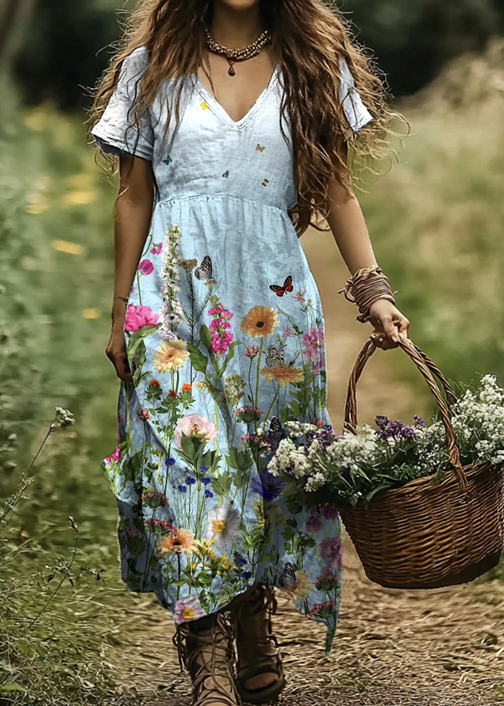 Femmes Floral Bleu Clair Col V Confortable Robe Maxi Décontracté
