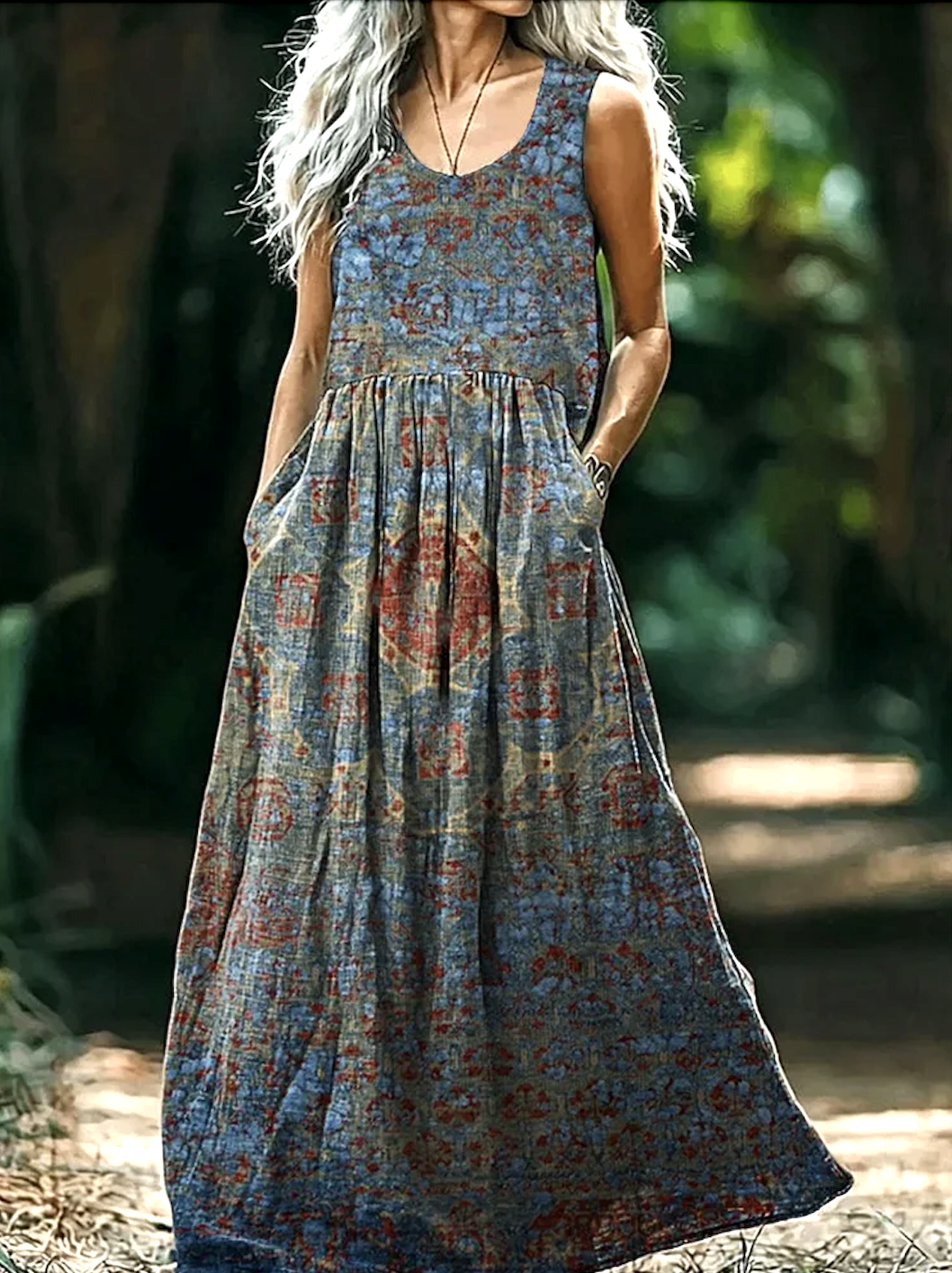 Femmes Géométrique Bleu Col V Confortable Robe Maxi Rétro