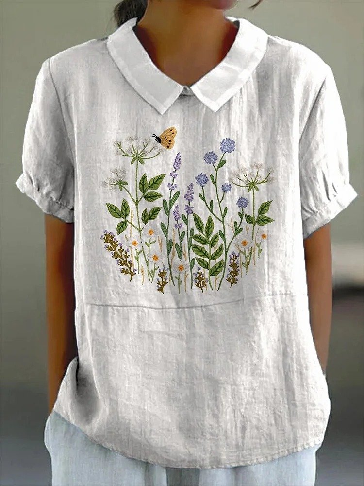 Blouses Simple Floral Été Polyester Aucune élasticité Ample Demi Manche Col Châle Régulier pour Femmes