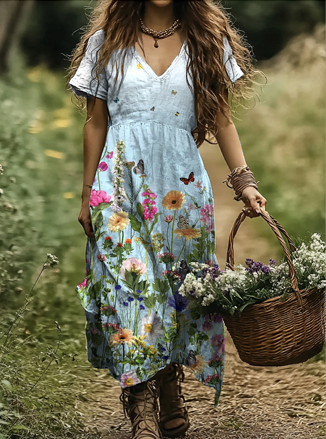 Femmes Floral Bleu Clair Col V Confortable Robe Maxi Décontracté
