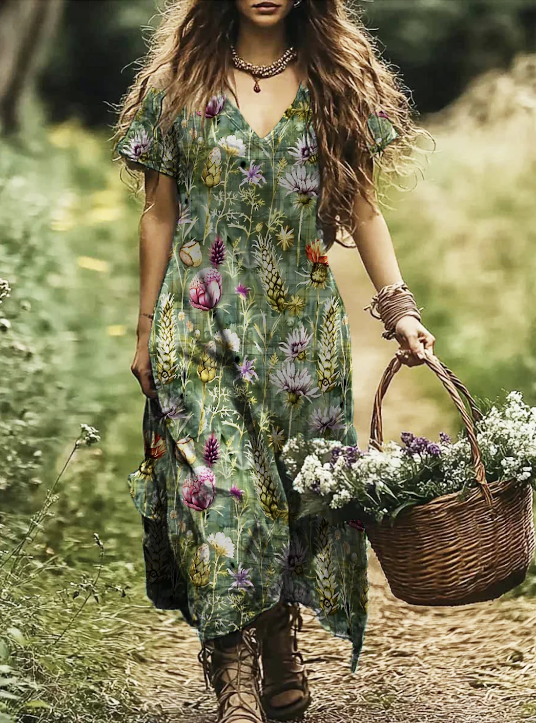 Femmes Floral Vert Col V Confortable Robe Maxi Décontracté