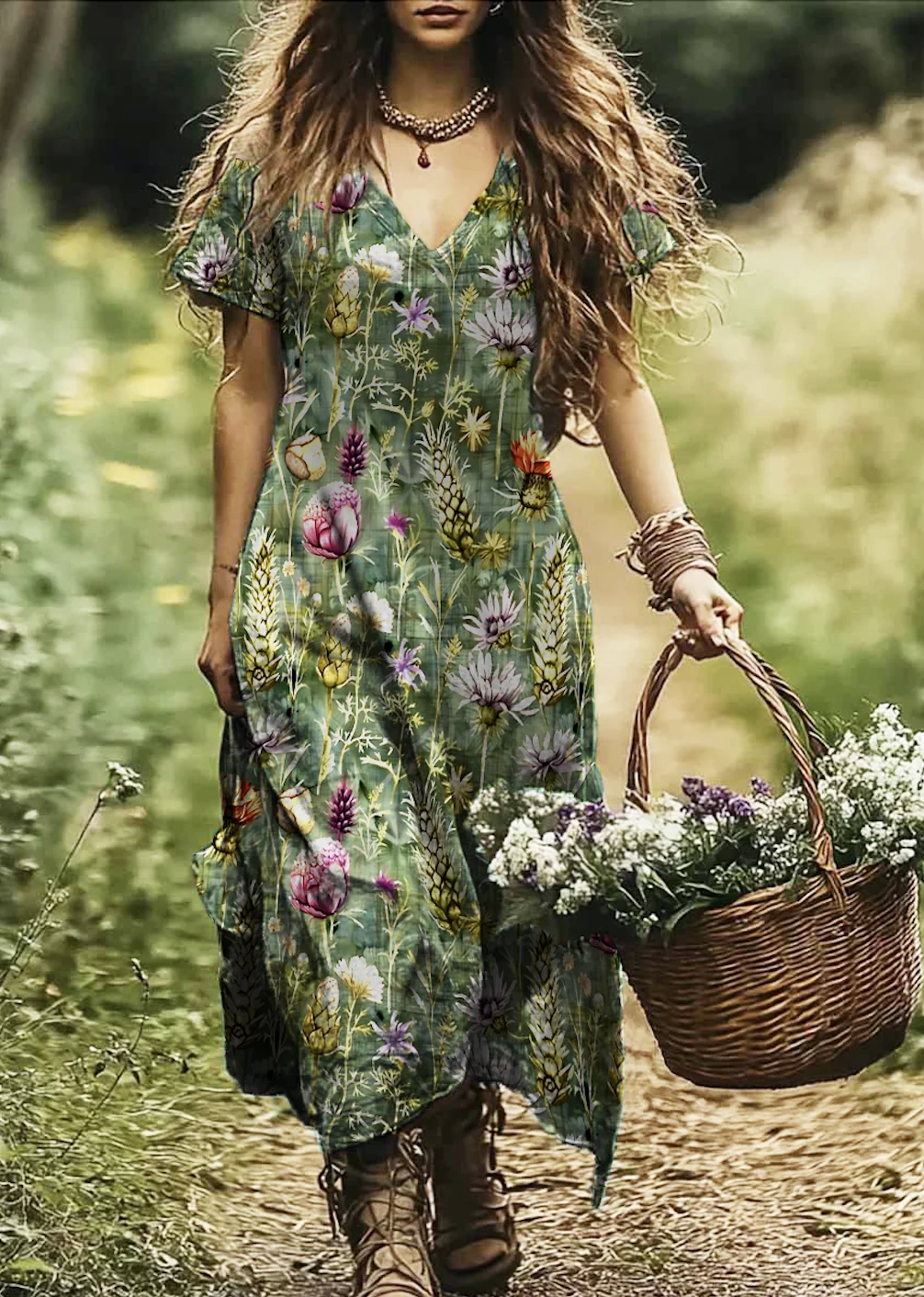 Femmes Floral Vert Col V Confortable Robe Maxi Décontracté