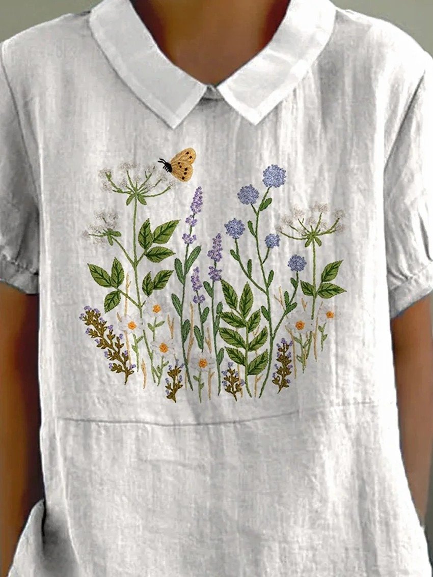 Blouses Simple Floral Été Polyester Aucune élasticité Ample Demi Manche Col Châle Régulier pour Femmes