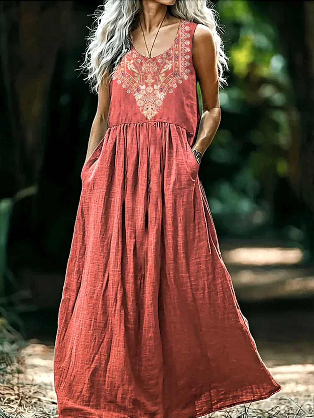 Femmes Floral Rouge Col V Confortable Robe Maxi Décontracté
