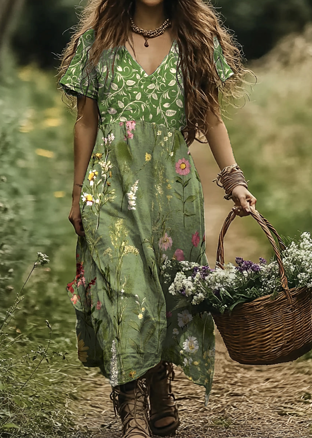 Femmes Floral Vert Col V Confortable Robe Maxi Décontracté