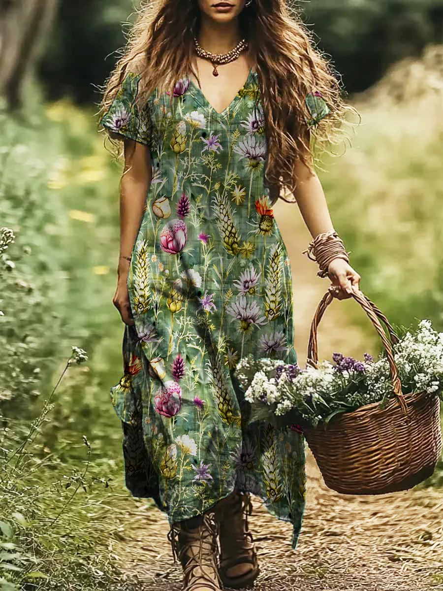 Femmes Floral Vert Col V Confortable Robe Maxi Décontracté