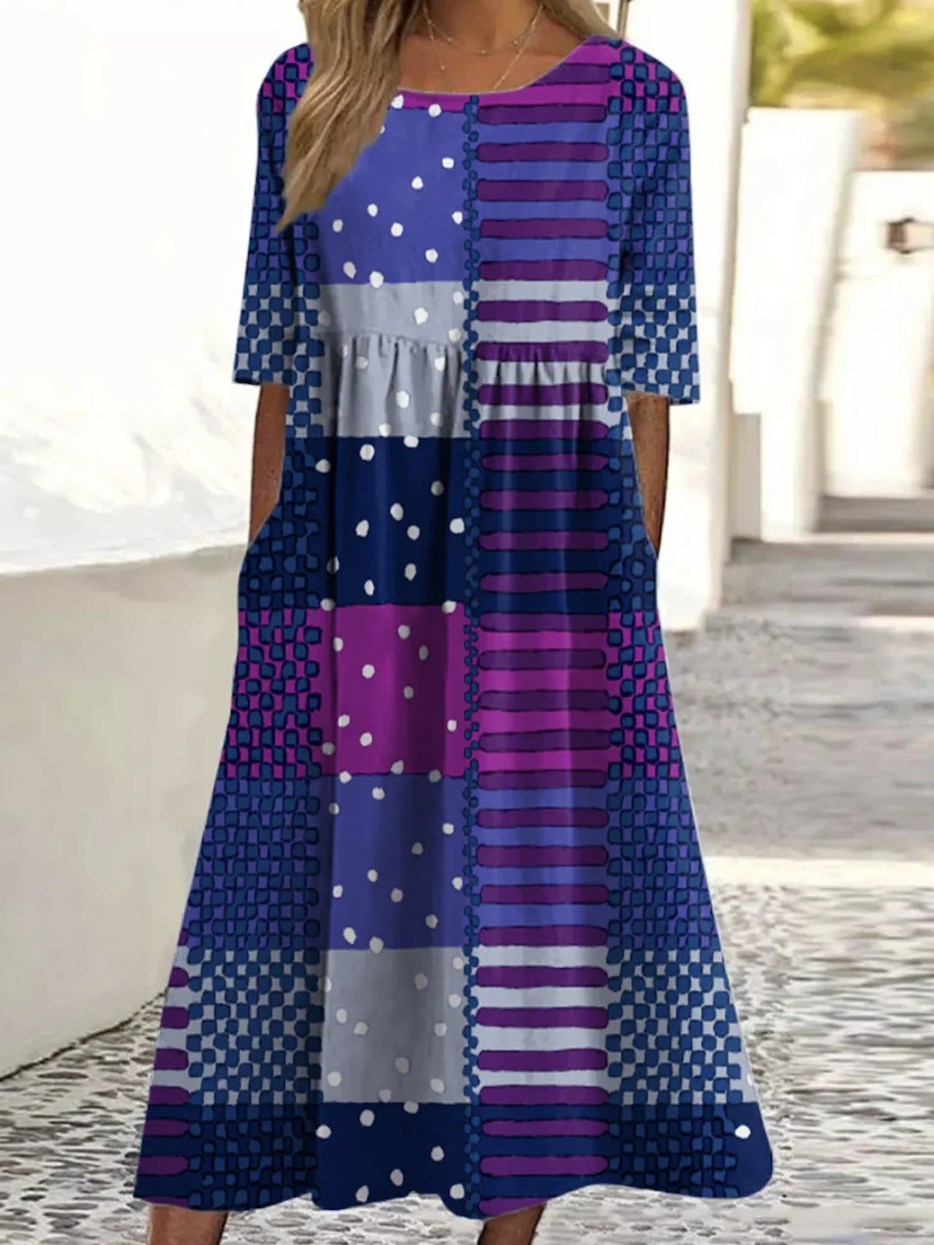 Femmes Géométrique Bleu violet Col Rond Confortable Robe Maxi Décontracté