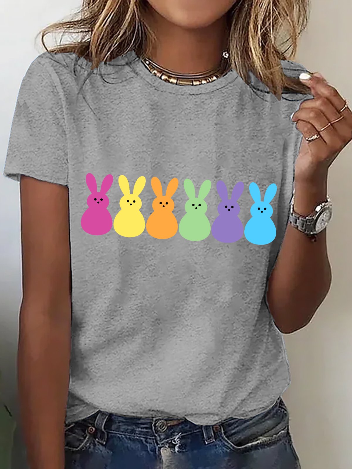 T-shirts Décontracté Été PÂQUES (lapin) Coton Micro-élasticité Vacances Régulier Droit Régulier pour Femmes