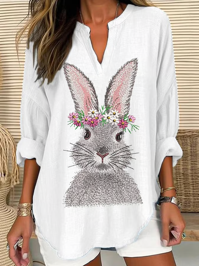 Blouses Femmes Décontracté Printemps / Automne PÂQUES (lapin) Col V Aucune élasticité Quotidien Ample en Mélangé de Coton Régulier
