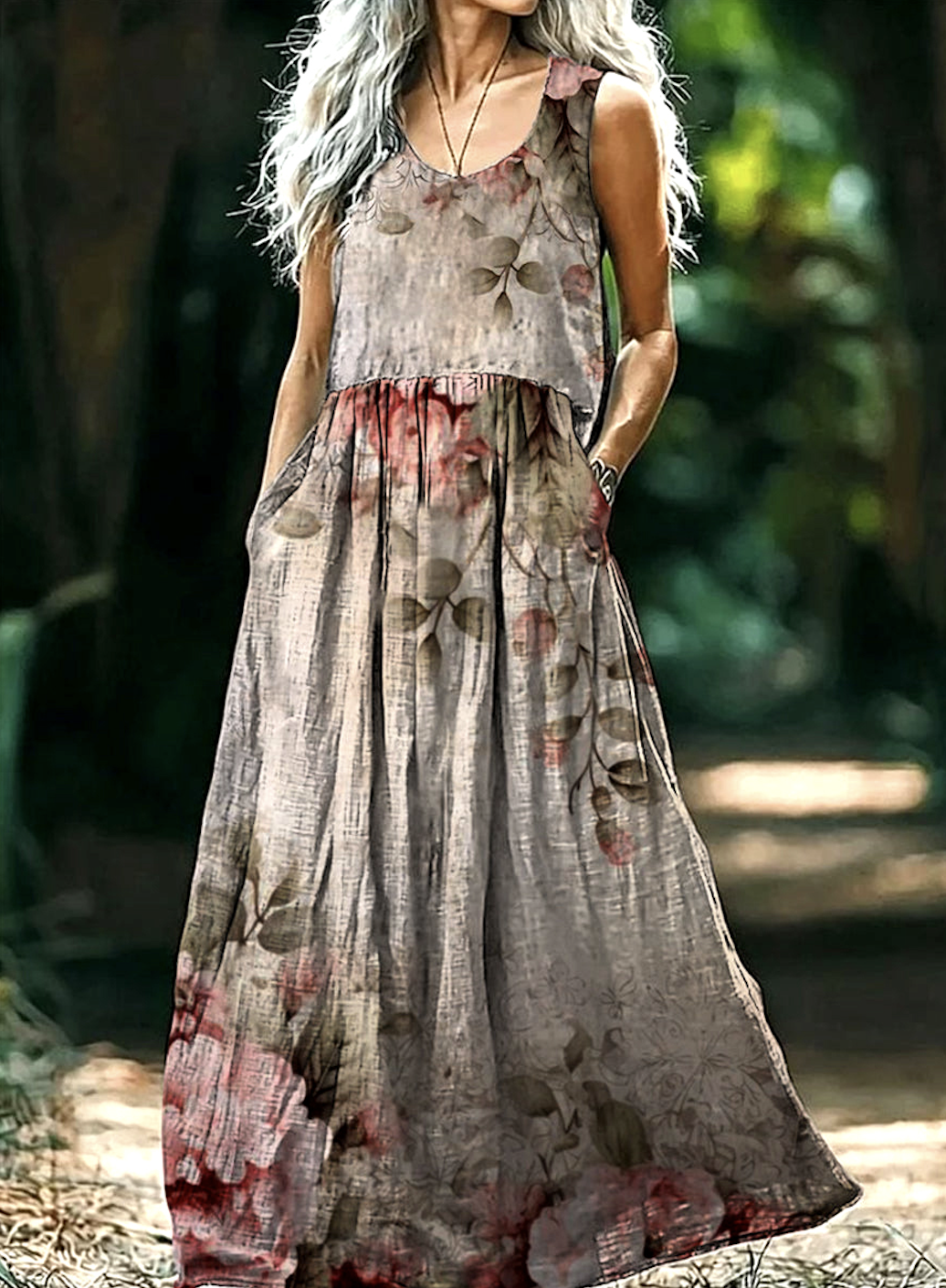 Femmes Floral Brun Clair Col V Confortable Robe Maxi Décontracté